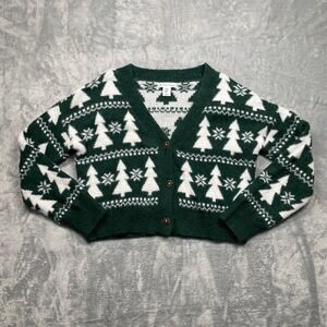 London Kaye Cardigan Sweater Women Medium Green Christmas Tree Snowflake Cropped